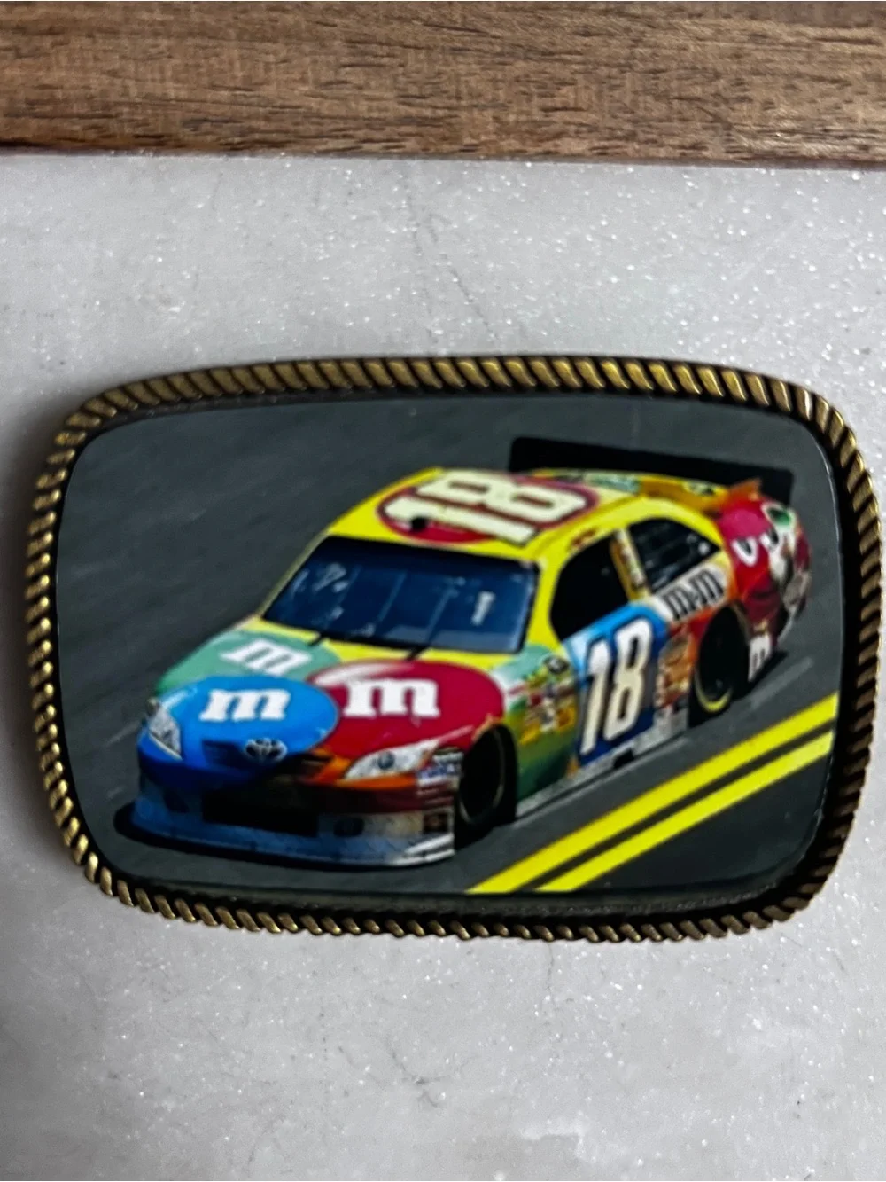 Kyle Busch's #18 M&M's NASCAR Multi-Colors ~ Gold Tone Metal Belt Buckle
